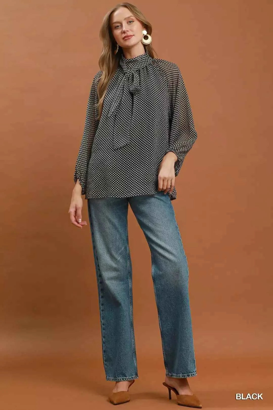 Black Dot Print Tie Neck Long Sleeve Blouse by Umgee