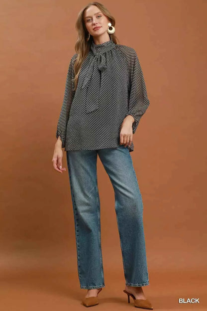 Black Dot Print Tie Neck Long Sleeve Blouse by Umgee