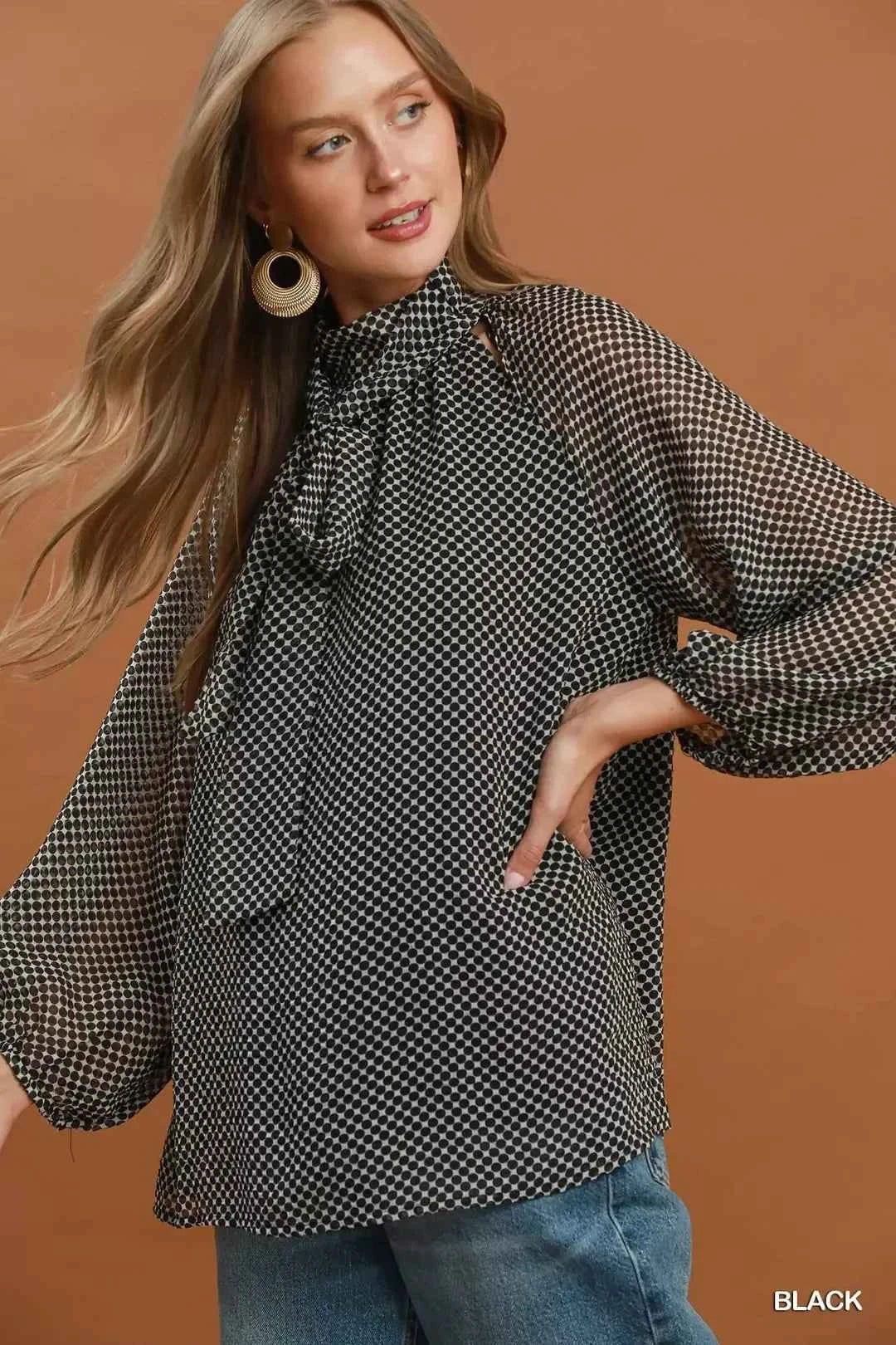 Black Dot Print Tie Neck Long Sleeve Blouse by Umgee