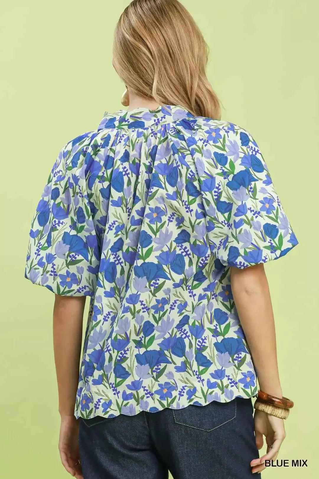 Blue Mix Floral Puff Sleeve Blouse with Scalloped Details by Umgee