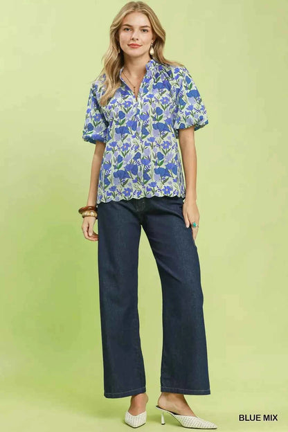 Blue Mix Floral Puff Sleeve Blouse with Scalloped Details by Umgee