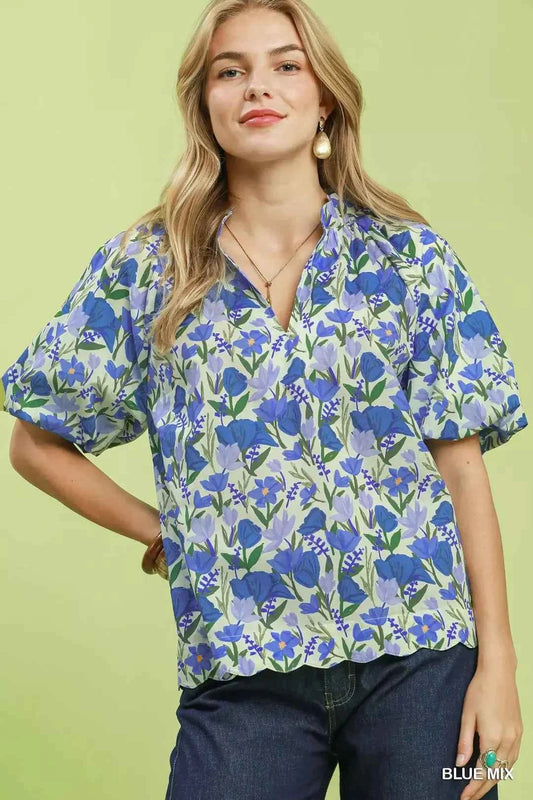 Blue Mix Floral Puff Sleeve Blouse with Scalloped Details by Umgee