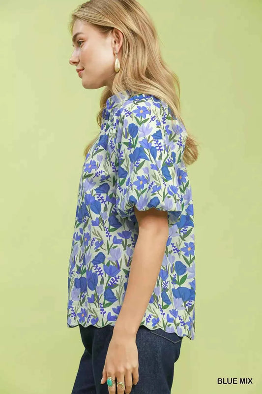 Blue Mix Floral Puff Sleeve Blouse with Scalloped Details by Umgee