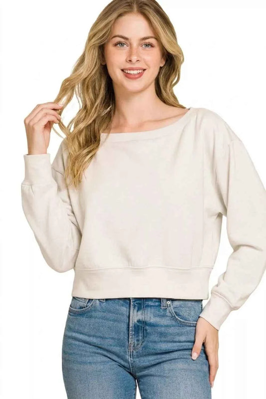 Bone Scuba Cropped Boat Neck Pullover Sweatshirts by Zenana