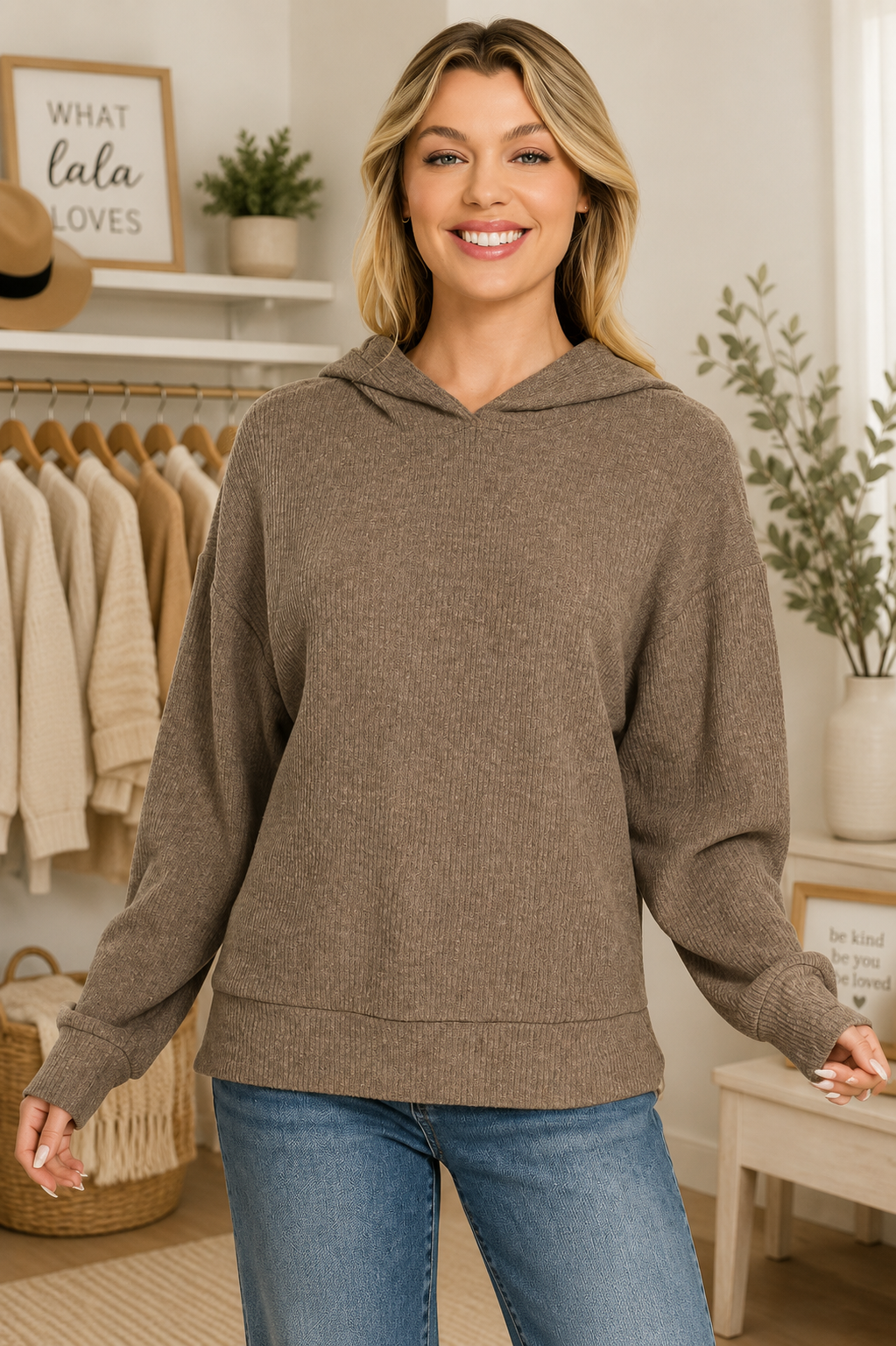 Woman wearing a brown brushed ribbed Hacci hoodie with long sleeves and a relaxed fit by Zenana. Front View