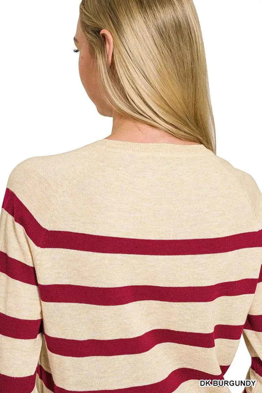 Burgundy Striped Wool Blend Lightweight Round Neck Sweater by Zenana