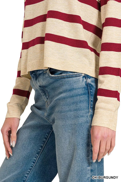 Woman wearing a burgundy striped lightweight wool blend crew neck sweater by Zenana. Close View 2