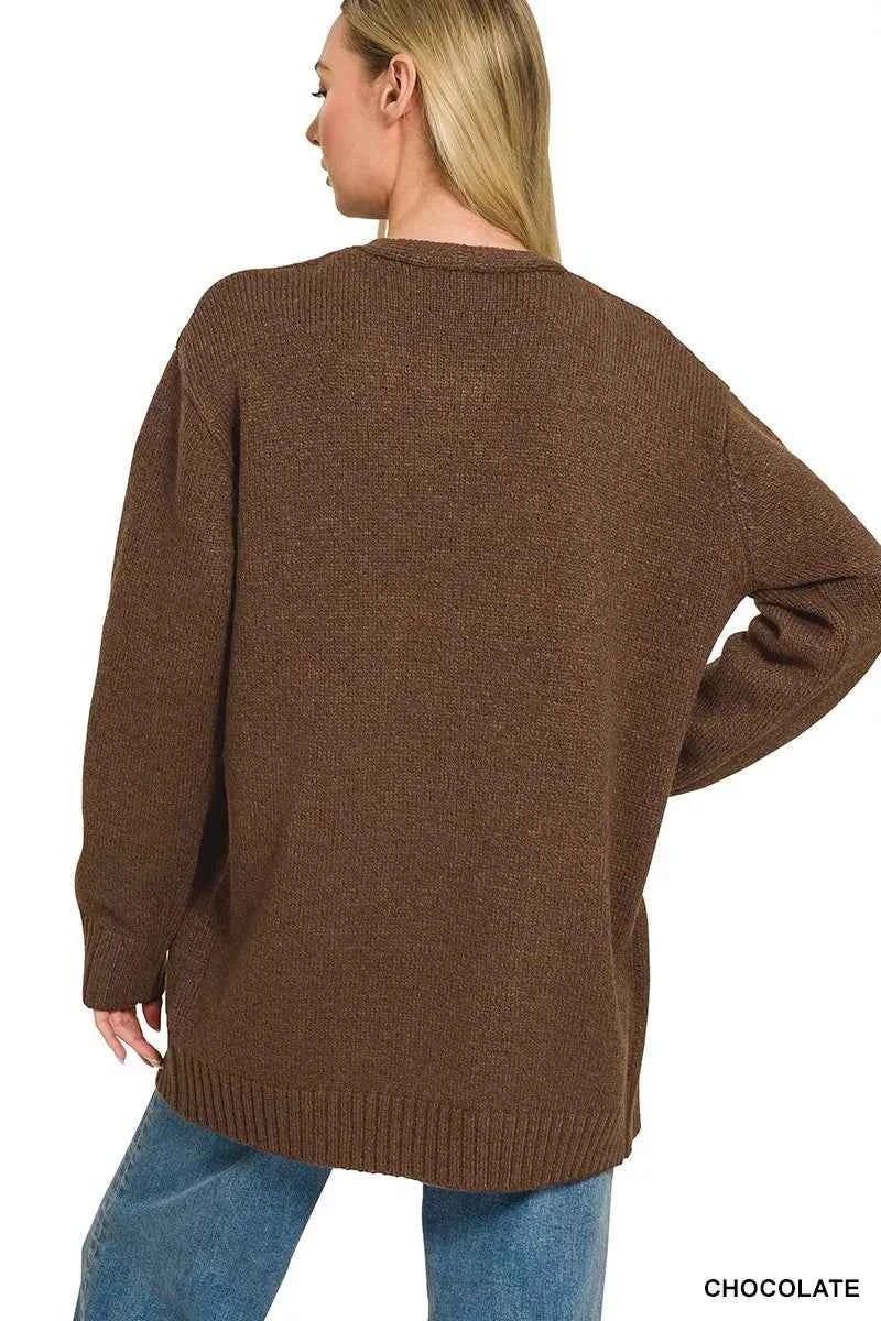 Chocolate Brown Open Front Sweater Cardigan by Zenana