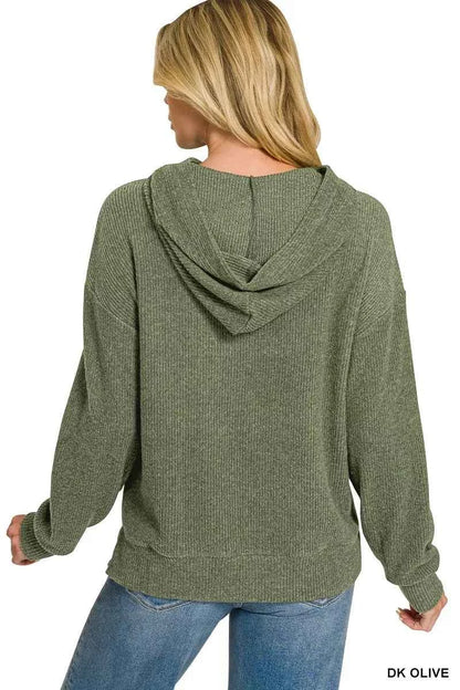 Dark Olive Brushed Ribbed Hacci Hoodie by Zenana