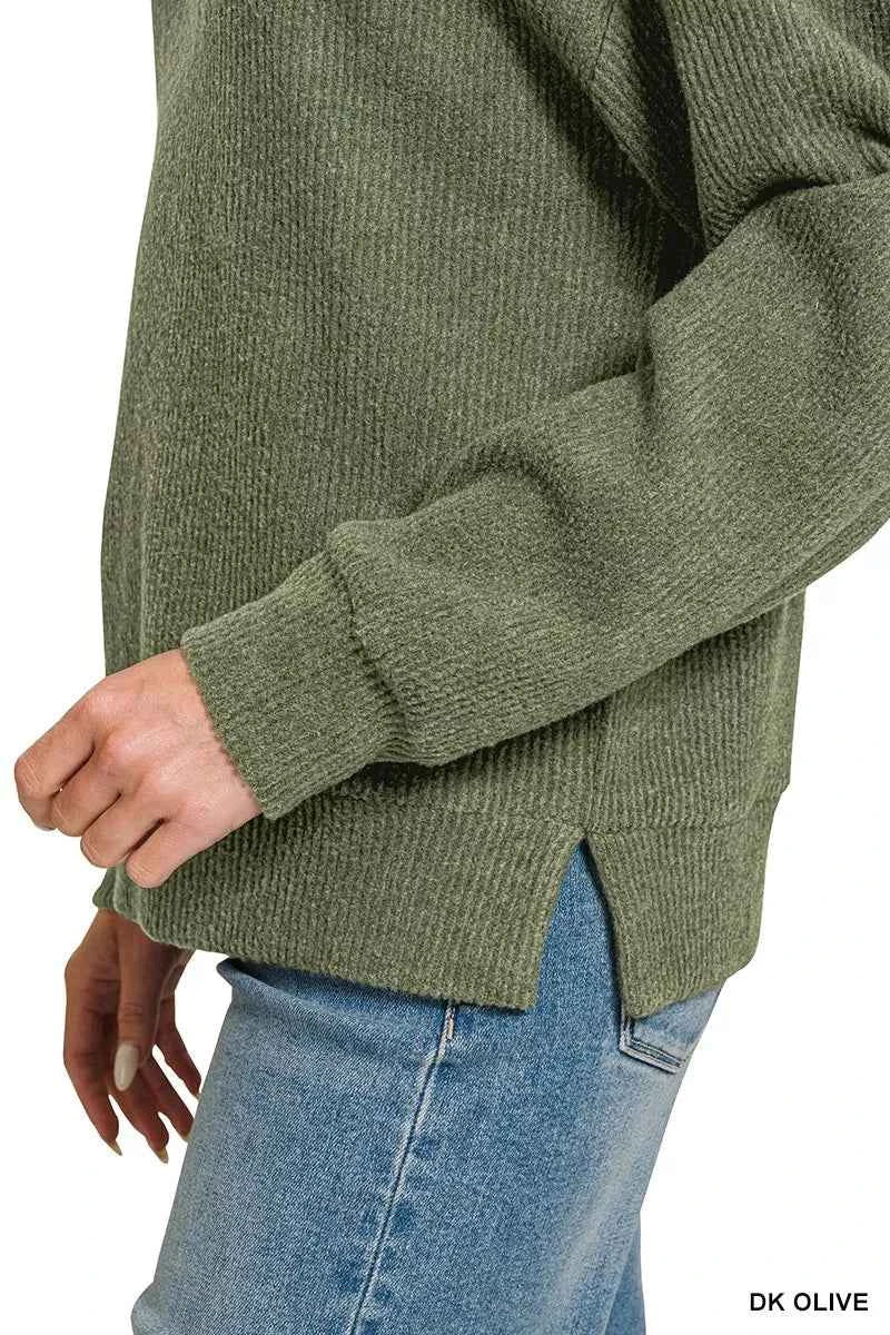 Dark Olive Brushed Ribbed Hacci Hoodie by Zenana