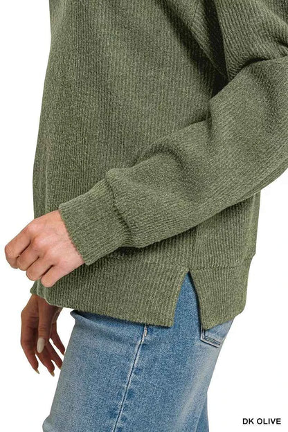 Dark Olive Brushed Ribbed Hacci Hoodie by Zenana