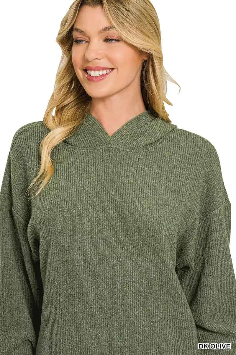Dark Olive Brushed Ribbed Hacci Hoodie by Zenana