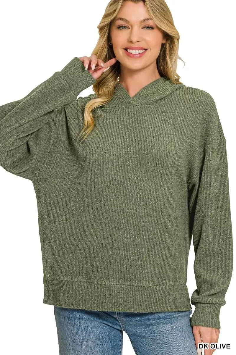Dark Olive Brushed Ribbed Hacci Hoodie by Zenana