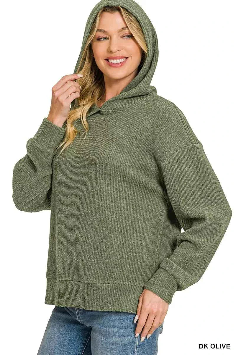 Dark Olive Brushed Ribbed Hacci Hoodie by Zenana