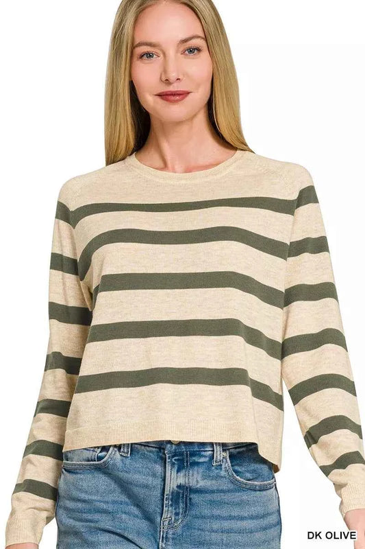 Dark Olive Lightweight Wool Blend Striped Round Neck Sweater by Zenana