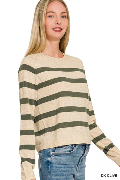 Woman wearing a dark olive striped lightweight wool blend crew neck sweater by Zenana. Side View
