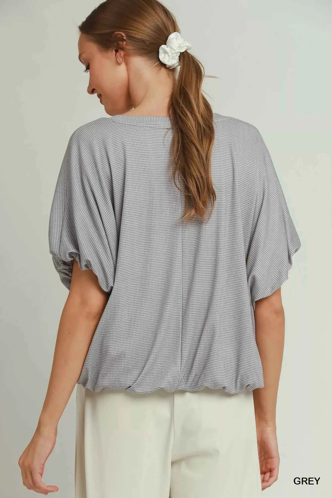 Grey Mini Texture Checkered Bubble Hem Top by Umgee