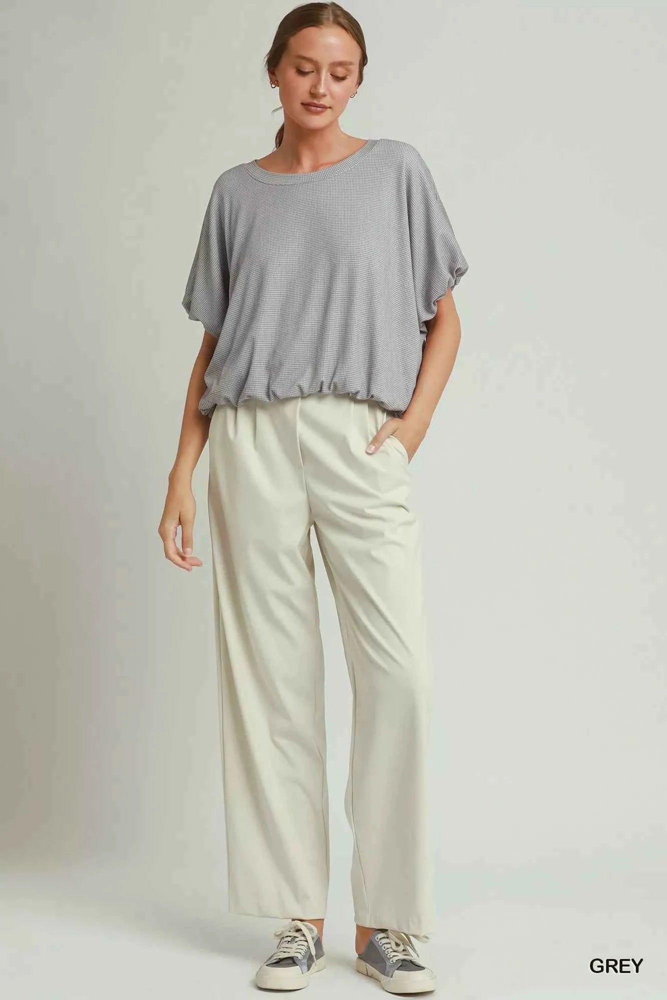 Grey Mini Texture Checkered Bubble Hem Top by Umgee