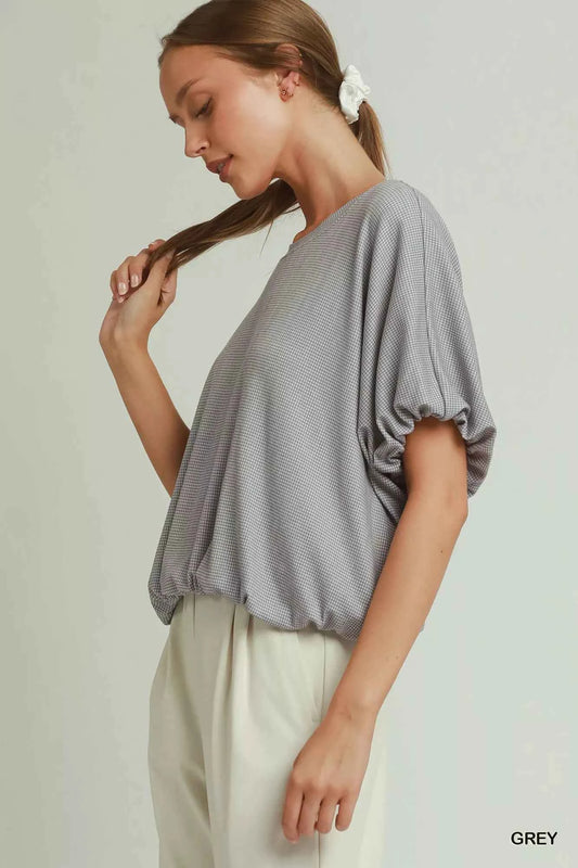 Grey Mini Texture Checkered Bubble Hem Top by Umgee