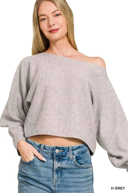 Woman wearing a heather grey boat neck balloon sleeve knit sweater by Zenana. Front View 3