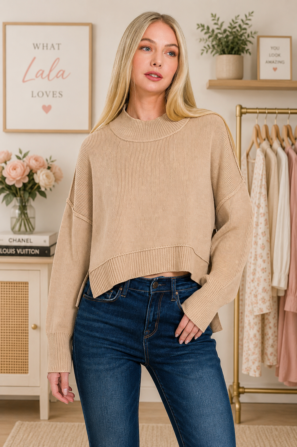 Zenana Light Mocha Side Slit Oversized Cropped Sweater – What Lala
