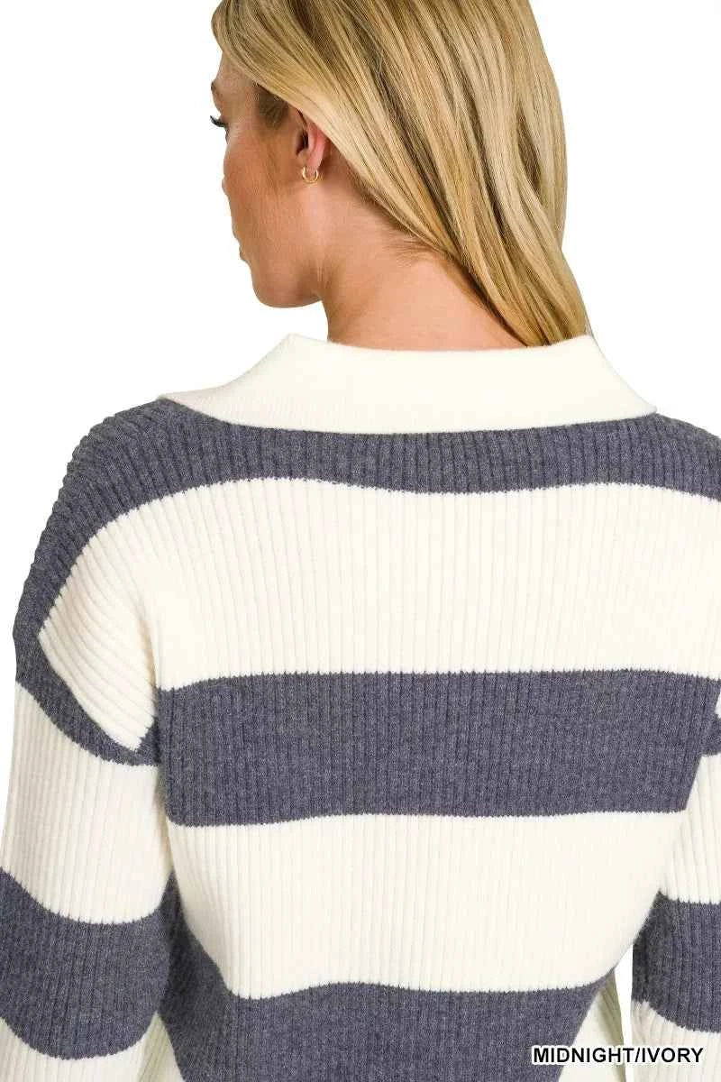 Woman wearing a midnight and ivory striped ribbed knit collared sweater with long sleeves by Zenana. Back View