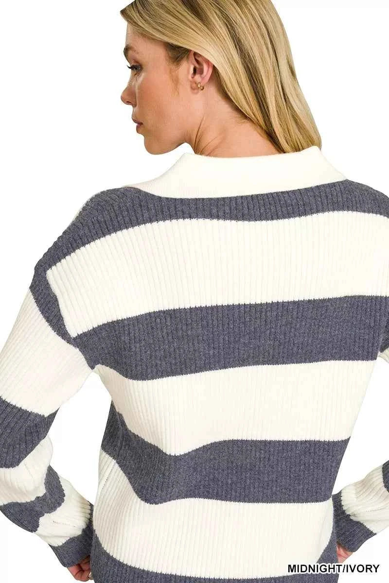 Woman wearing a midnight and ivory striped ribbed knit collared sweater with long sleeves by Zenana. Back View 2
