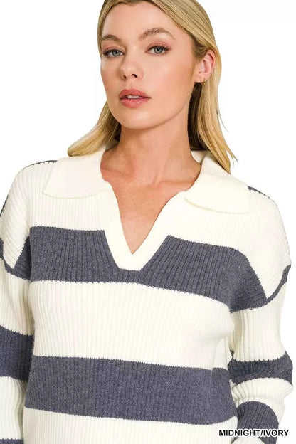 Woman wearing a midnight and ivory striped ribbed knit collared sweater with long sleeves by Zenana. Close View