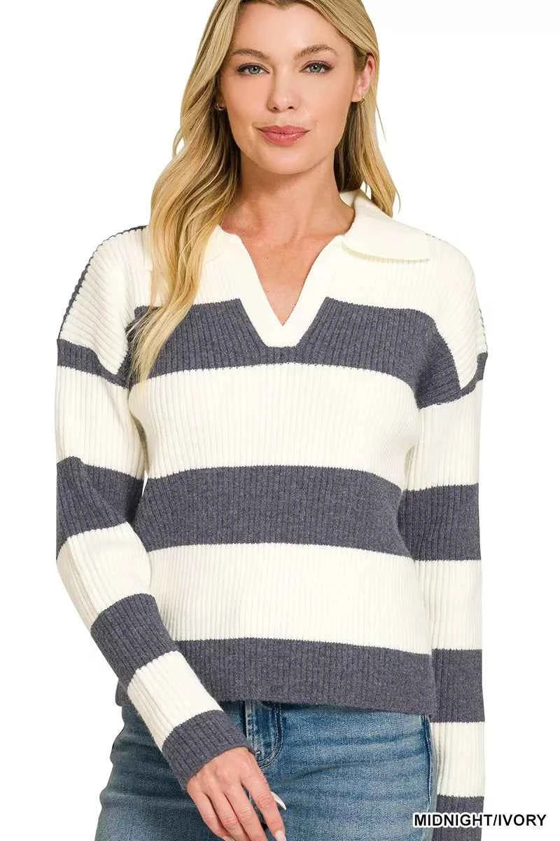 Woman wearing a midnight and ivory striped ribbed knit collared sweater with long sleeves by Zenana. Front View