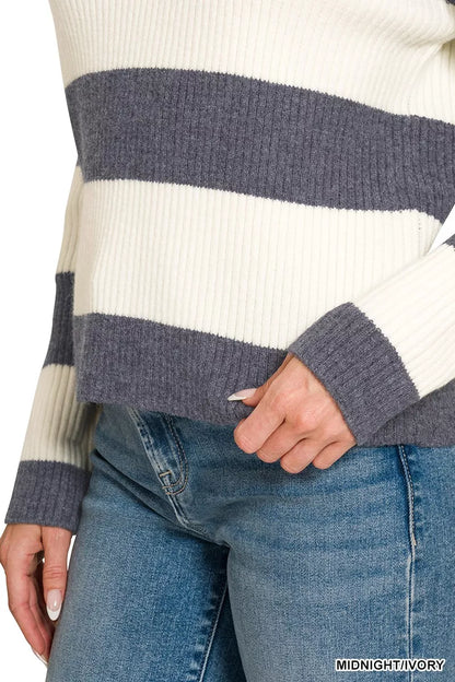 Woman wearing a midnight and ivory striped ribbed knit collared sweater with long sleeves by Zenana. close View