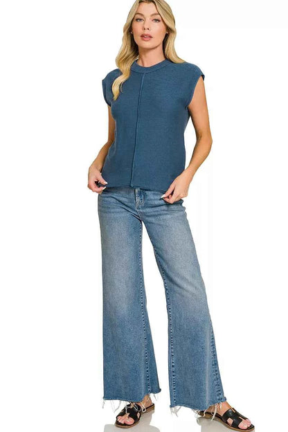 Navy Center Seam Sleeveless Sweater by Zenana