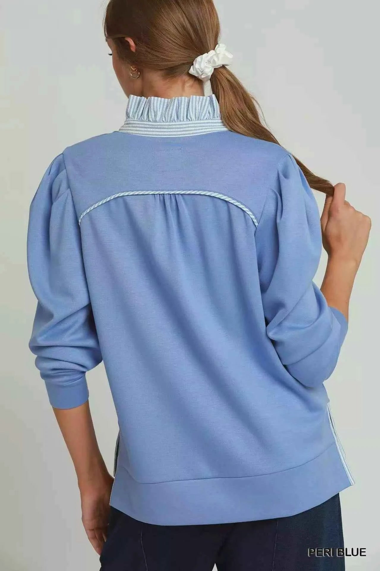 Peri Blue Luxe Knit Stripe Ruffle Neck Long Sleeve Top by Umgee
