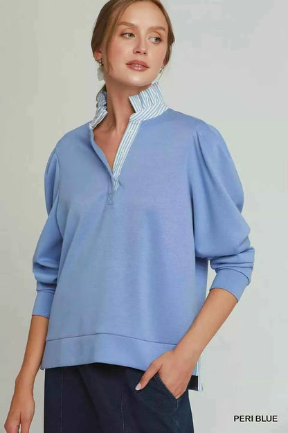 Peri Blue Luxe Knit Stripe Ruffle Neck Long Sleeve Top by Umgee