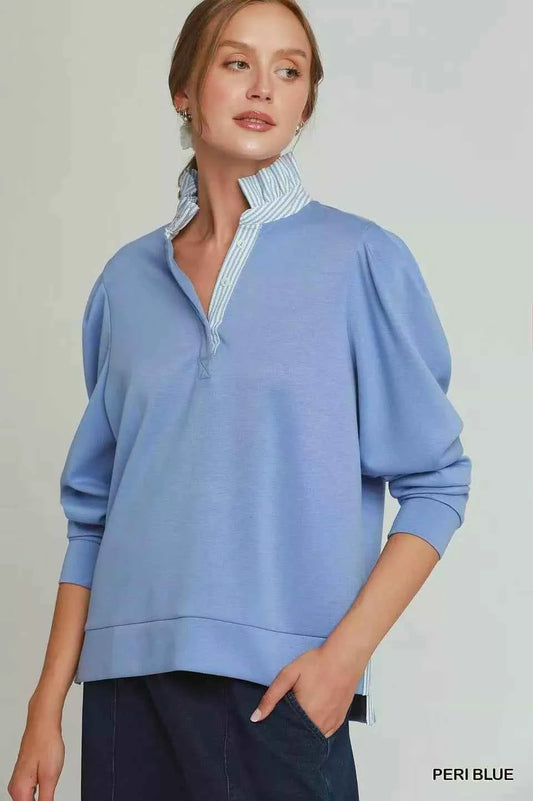 Peri Blue Luxe Knit Stripe Ruffle Neck Long Sleeve Top by Umgee