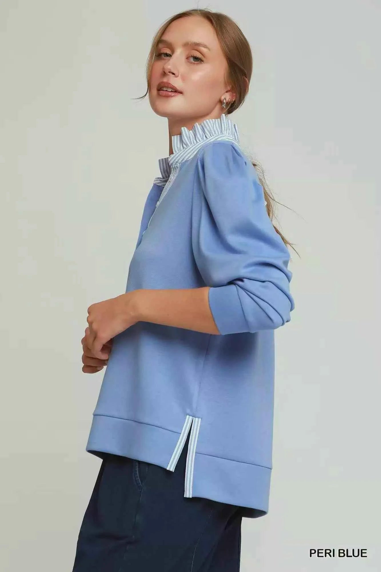 Peri Blue Luxe Knit Stripe Ruffle Neck Long Sleeve Top by Umgee