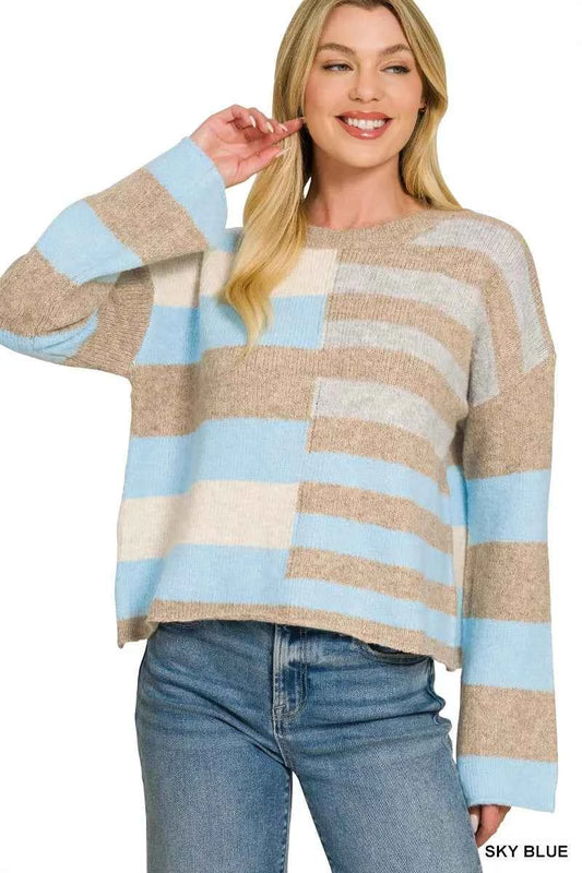 Sky Blue Color Block Wood Blend Lightweight Sweater by Zenana