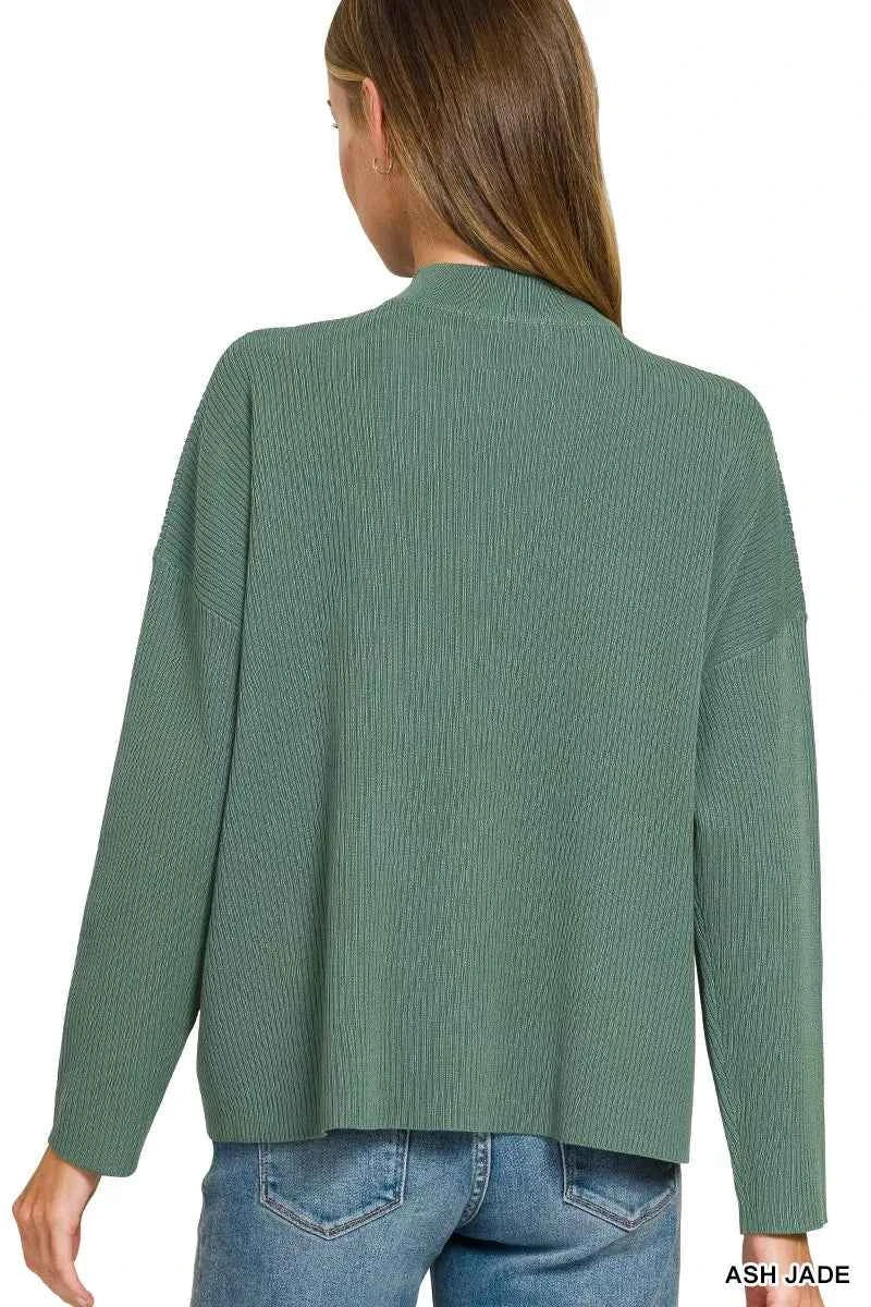 Woman wearing an Ash Jade ribbed two-piece sweater and wide leg pants set by Zenana featuring a relaxed fit and soft viscose knit fabric. Top Back View