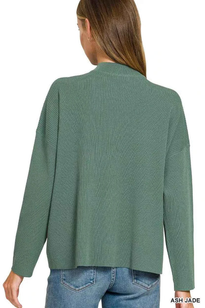 Woman wearing an Ash Jade ribbed two-piece sweater and wide leg pants set by Zenana featuring a relaxed fit and soft viscose knit fabric. Top Back View