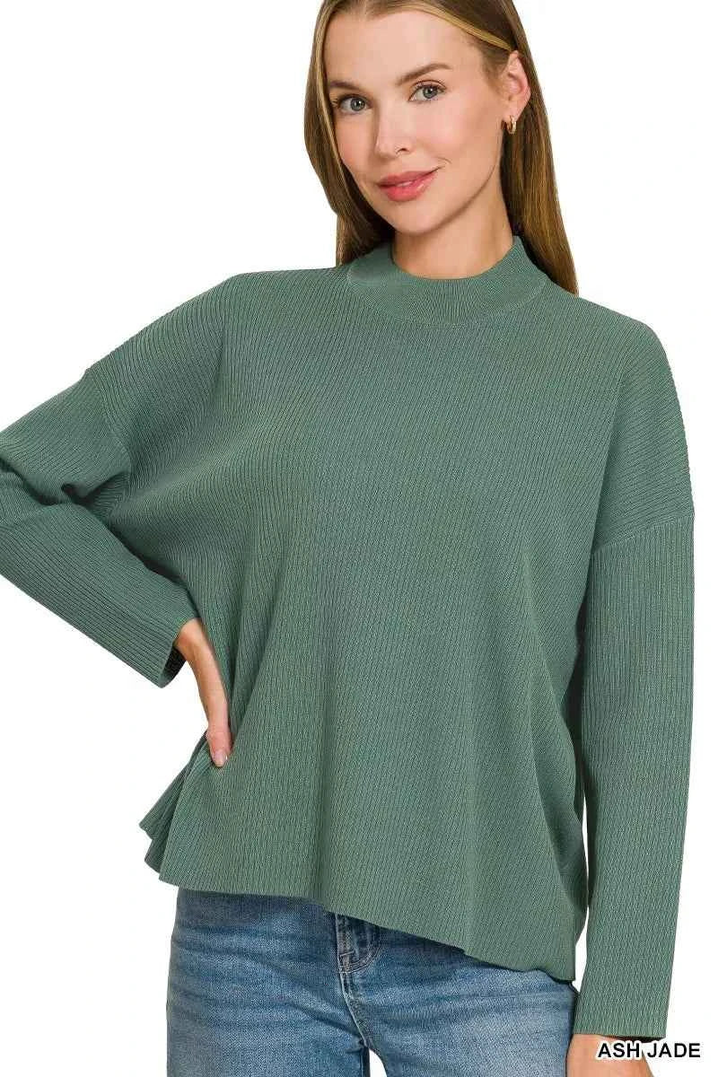 Woman wearing an Ash Jade ribbed two-piece sweater and wide leg pants set by Zenana featuring a relaxed fit and soft viscose knit fabric. Top View