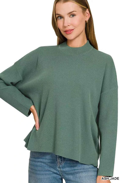 Woman wearing an Ash Jade ribbed two-piece sweater and wide leg pants set by Zenana featuring a relaxed fit and soft viscose knit fabric. Top View