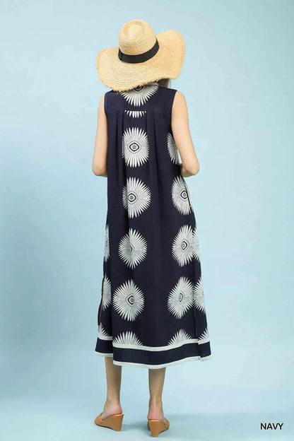Woman wearing an Ocean Blue mixed floral and stripe print cotton dress with a split V-neckline and contrast trim by Umgee. Back View 2