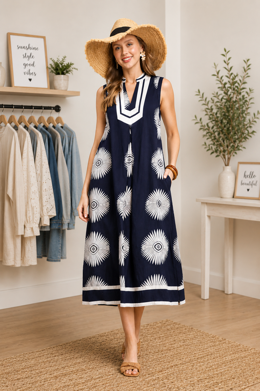 Woman wearing an Ocean Blue mixed floral and stripe print cotton dress with a split V-neckline and contrast trim by Umgee. Front View