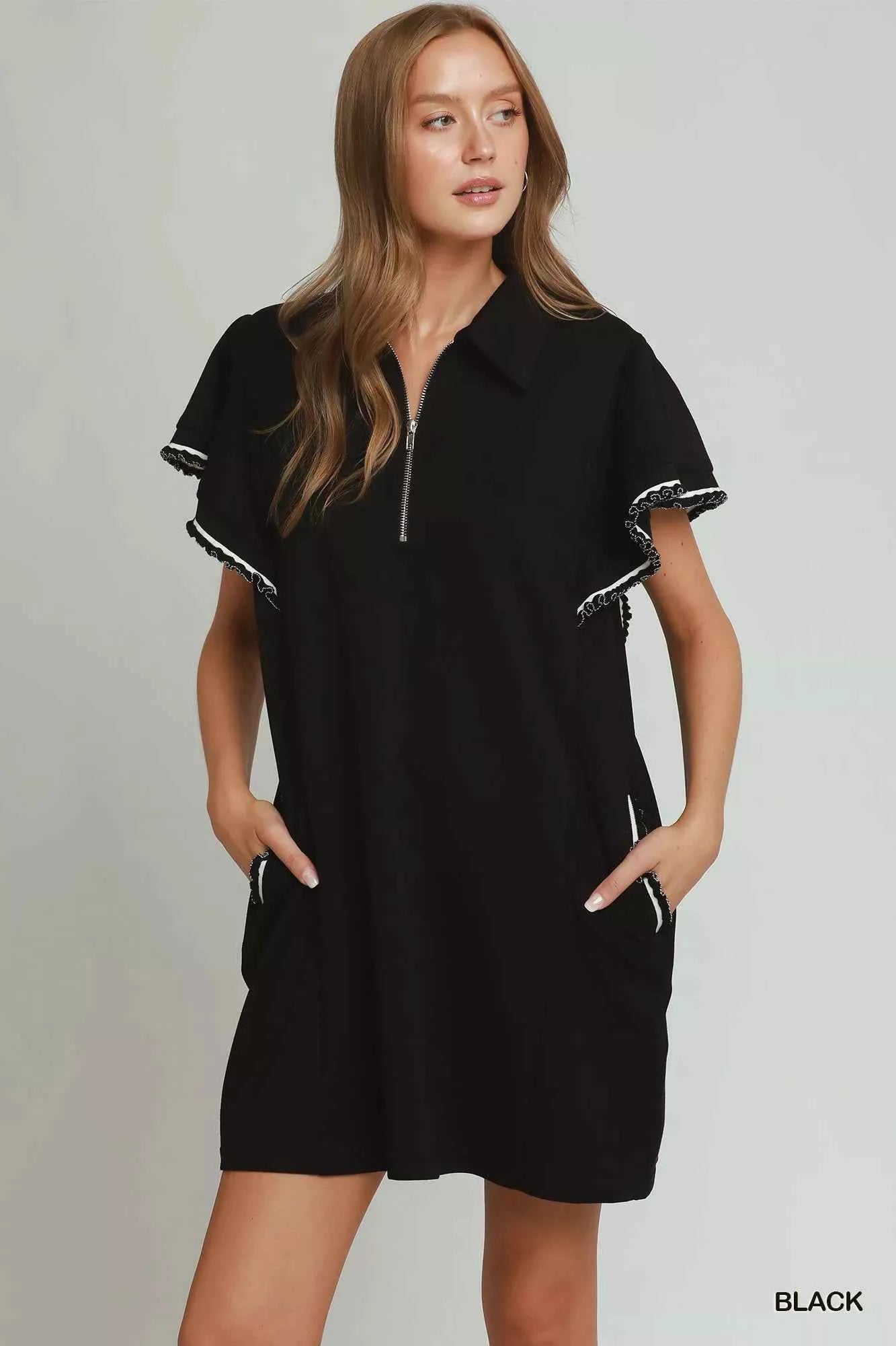 Black LuxeKnit Butterfly Sleeve Half Zip Mini Dress with Pockets by Umgee