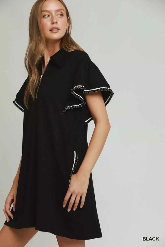 Black LuxeKnit Butterfly Sleeve Half Zip Mini Dress with Pockets by Umgee