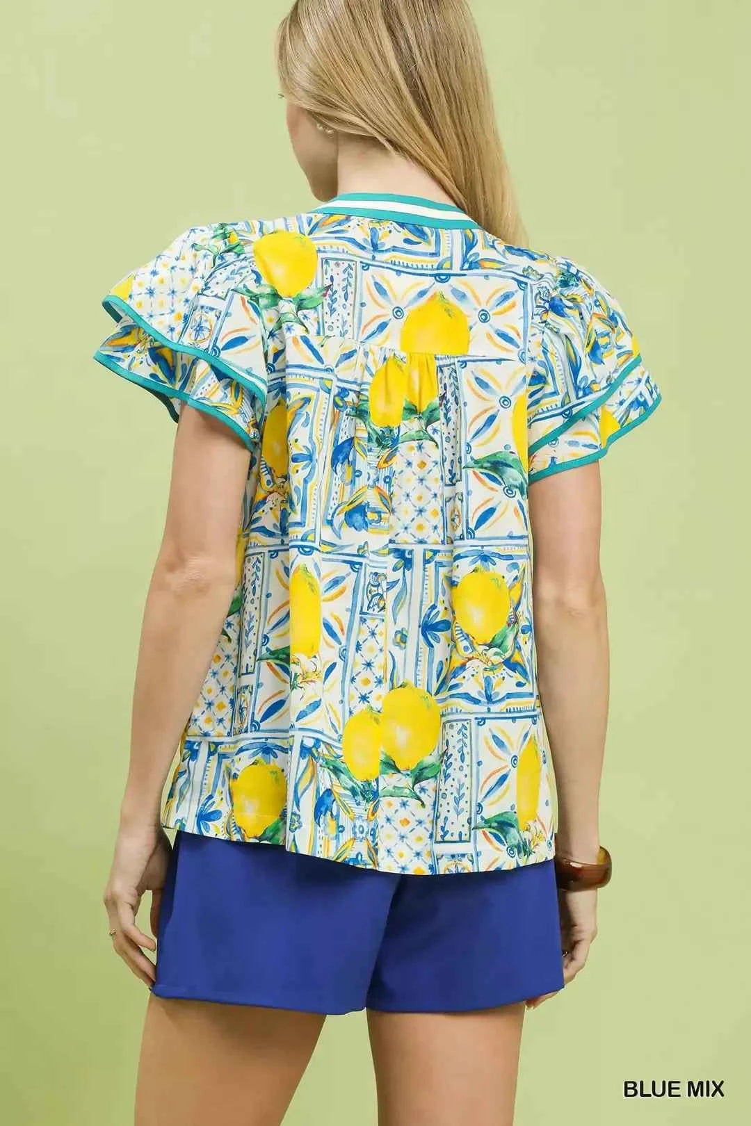 Blue Mix Lemon Print Flutter Sleeve Cotton Blouse by Umgee