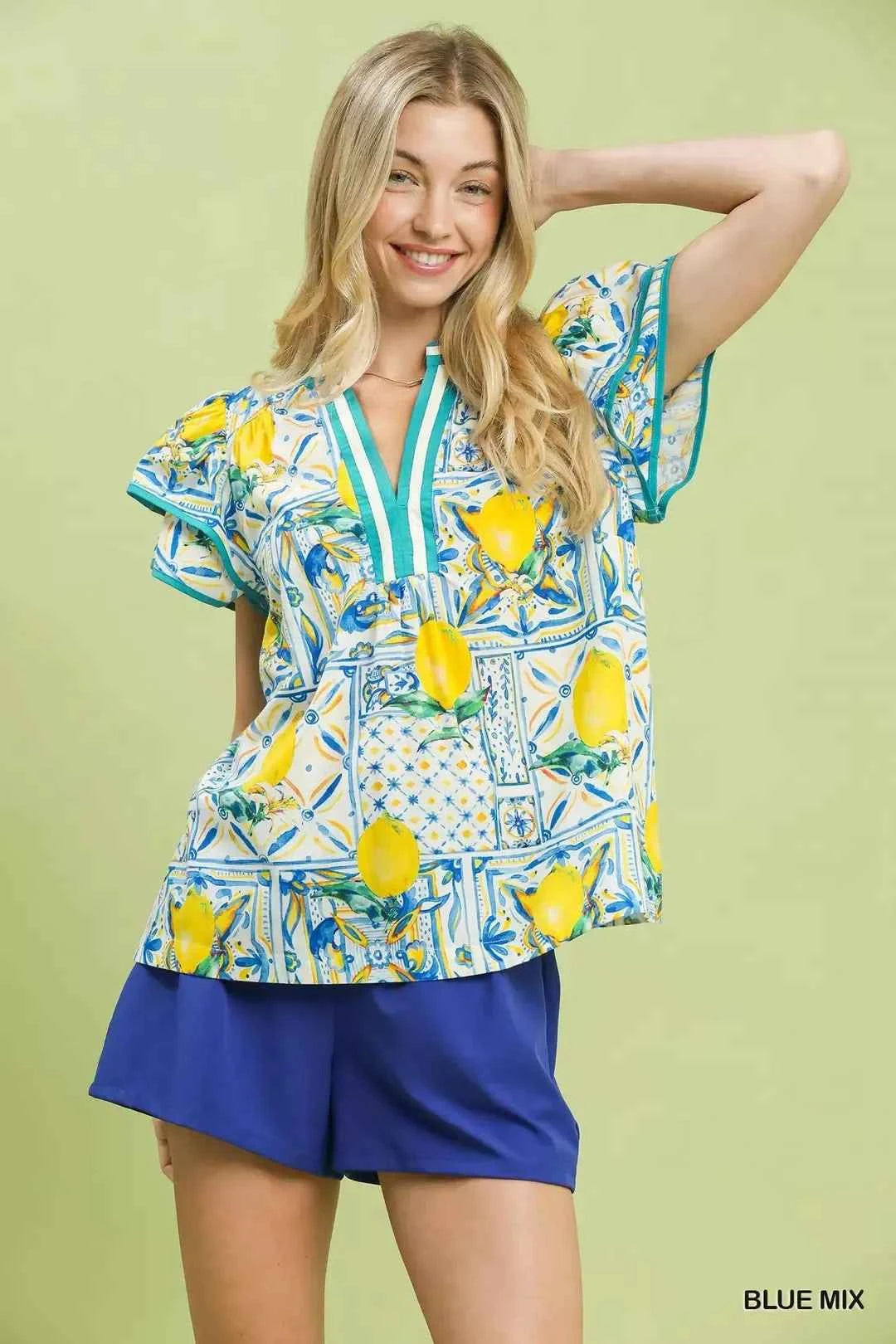 Blue Mix Lemon Print Flutter Sleeve Cotton Blouse by Umgee