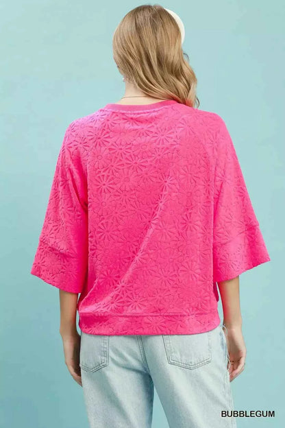 Bubblegum Pink Round Neck Textured Floral Terry Blouse by Umgee