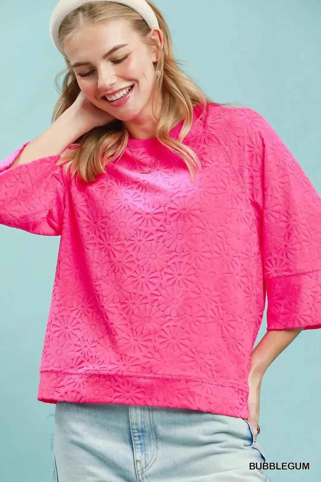 Bubblegum Pink Round Neck Textured Floral Terry Blouse by Umgee