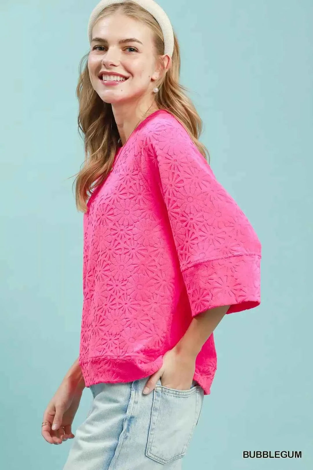 Bubblegum Pink Round Neck Textured Floral Terry Blouse by Umgee
