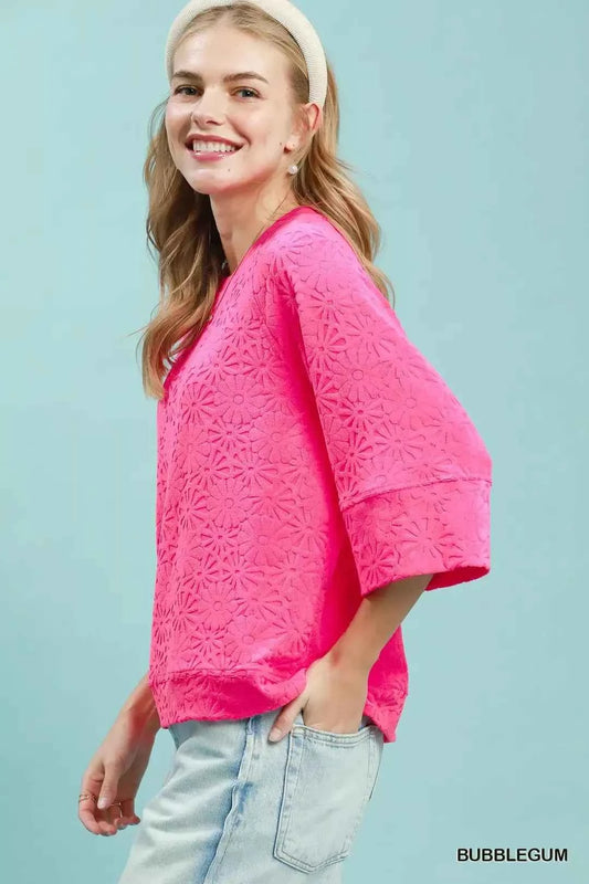 Bubblegum Pink Round Neck Textured Floral Terry Blouse by Umgee